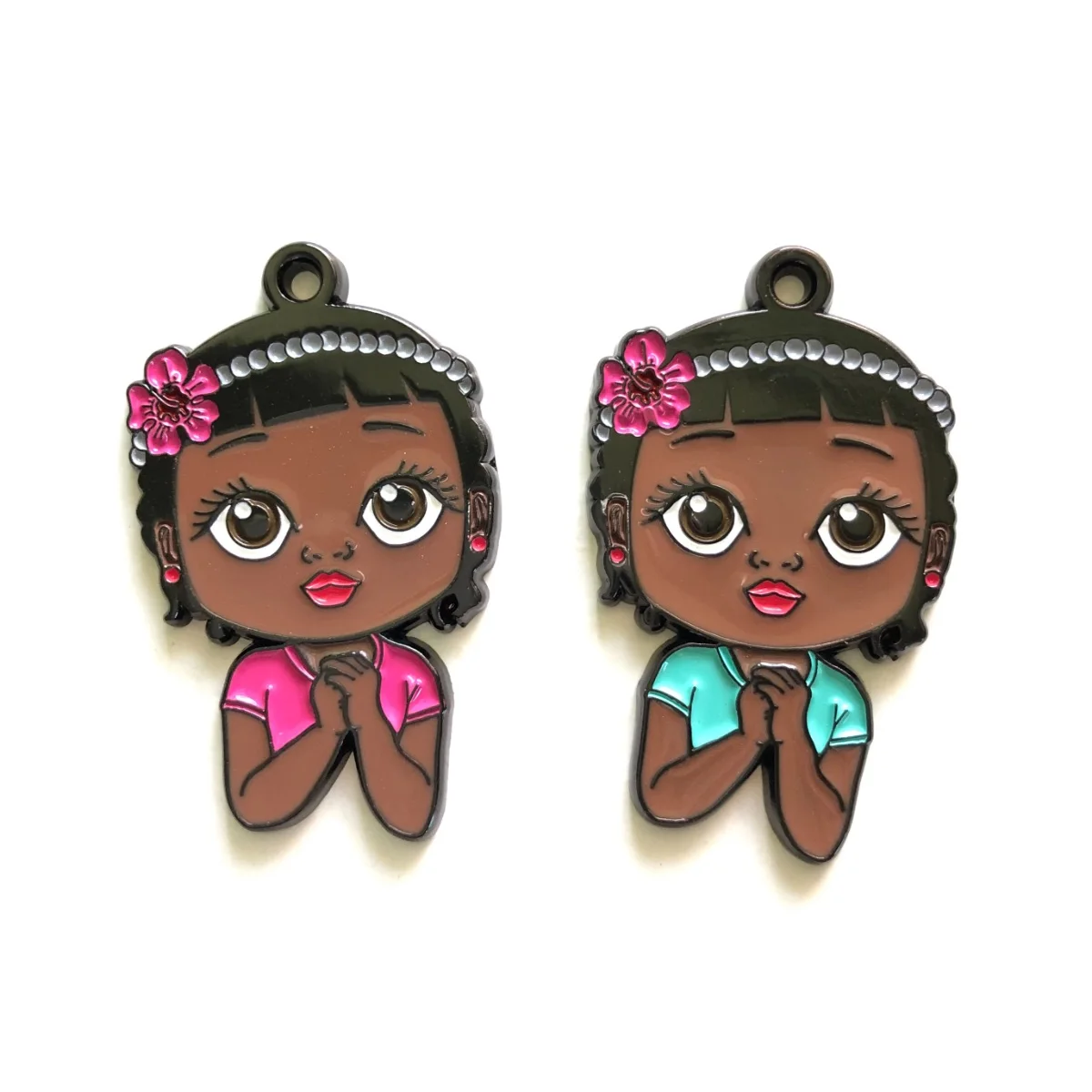 5pcs Cute Praying Afro Black Girl Enamel Charms for Bracelet Making Pendant for Woman Jewelry Bangle Necklace Keychain New Items