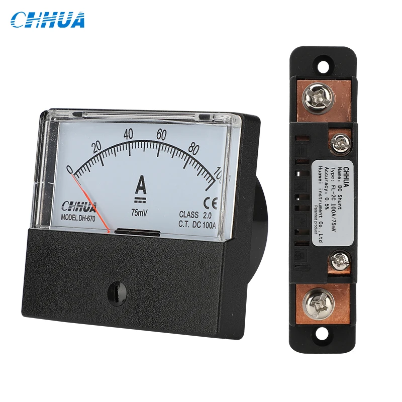 CHHUA DH-670 DC Ammeter with shunt Electrical testing Analog Pointer Ammeter Gauge DC20A 30A 50A 75A 100A 150A 200A DC Amp Meter