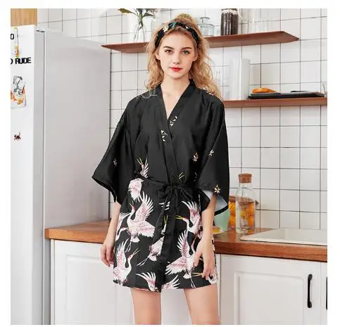 Fashion Women\'s Summer Mini Kimono Robe Lady Rayon Bath Gown Yukata Nightgown Sleepwear Sleepshirts Pijama Mujer Size M-XXL