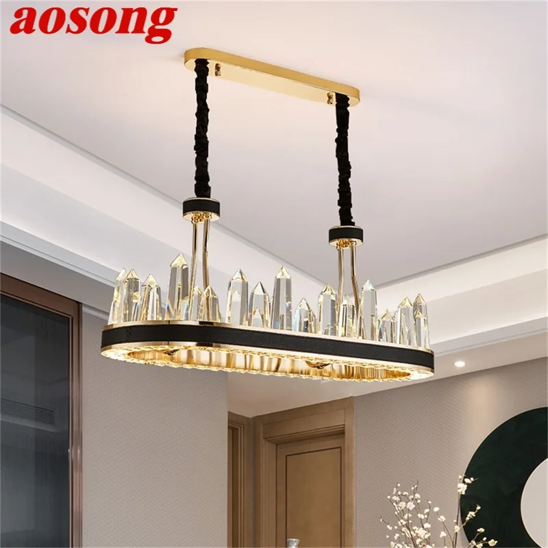 

AOSONG Chandelier Crystal Rectangle Pendant Lamp Postmodern Home LED Leather Light Fixture for Living Dining Room