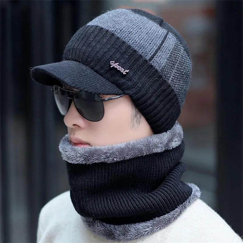 Men Winter Hat Scarf 2 Peice Set Women Man Outdoor Warm Knitted Plush Mix Color Cap Ring Scarves With Brim Knit Visor Male Acces