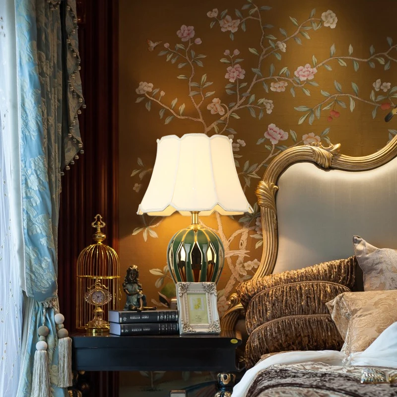 OURFENG Luxury Decorative Table Lamp Ceramic LED Creative Bedside Desk Light Brass For Home Study Foyer Office Bed Room