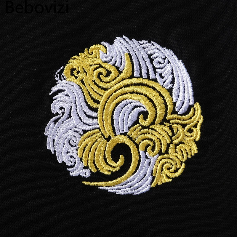 Bebovizi Chinese Style Green Dragon Embroidery Tshirt Men Streetwear Harajuku T-Shirt Summer Japan Black Short Sleeve T Shirt