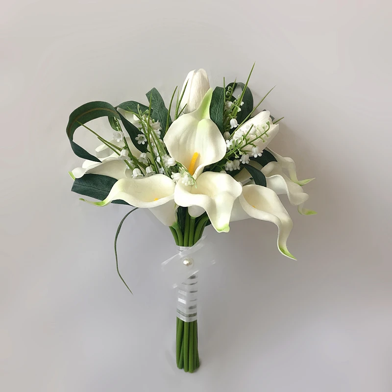 Cô Dâu Hoa Fleur Artificielle Thực Cảm Ứng PU Trắng Calla Lily Phù Dâu Hoa Bé Gái Hôn Nhân Deco Nhỏ Cưới Hoa