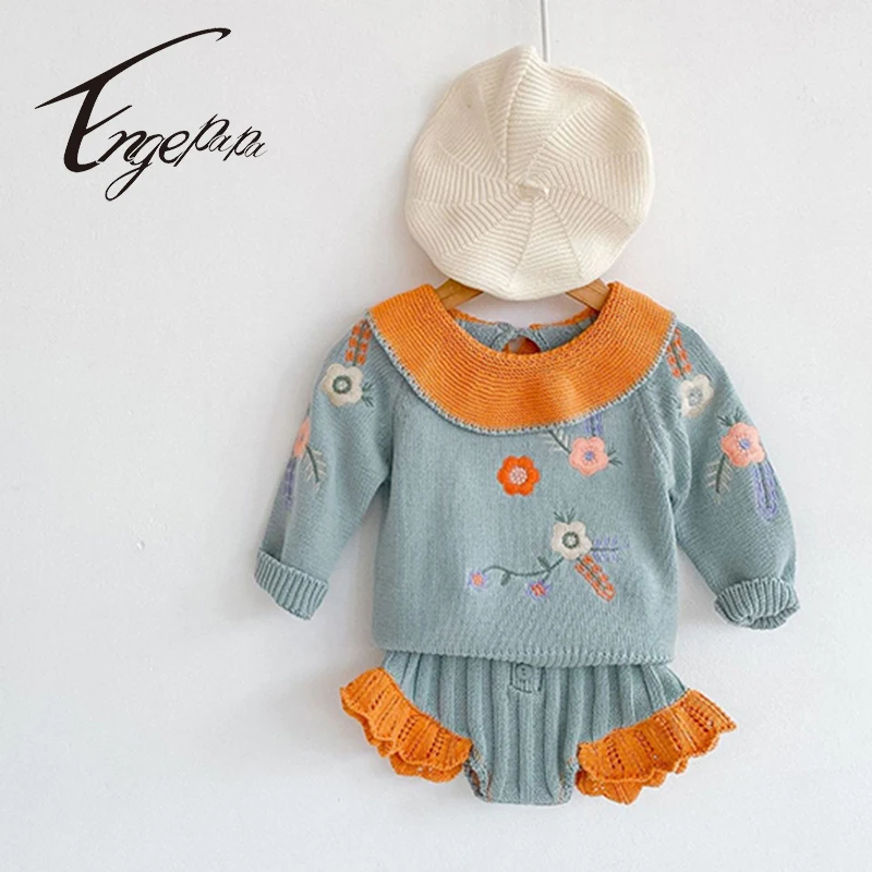 Engepapa 2021 New Baby Girl Knitting Set Embroidered Ruffle Collar Top+Lace Pants 2PCS Winter Knitted Sweet Suit Infant Clothes