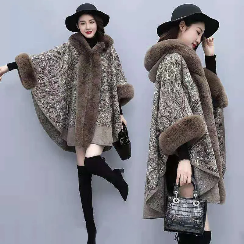 Hot Sale Fashion Cashew Flower Shawl Poncho Cape Autumn Winter Retro Style Soft Cashmere Rabbit Fur Hooded Coat for Women