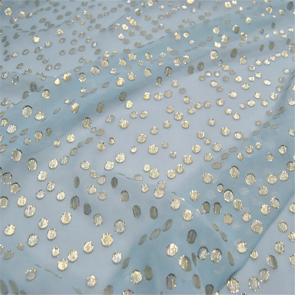 Classical Shiny Silk Lurex with Dot Jacquard Metallic Fabric in Light Blue Color for Lady Charming Dress Clothing