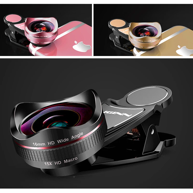 2 in 1 4K HD Phone Lens 16mm Wide Angle Macro Camera Lens No Distortion Mobile Phone Pro Lens Kit for iPone Smatphone Xiaomi