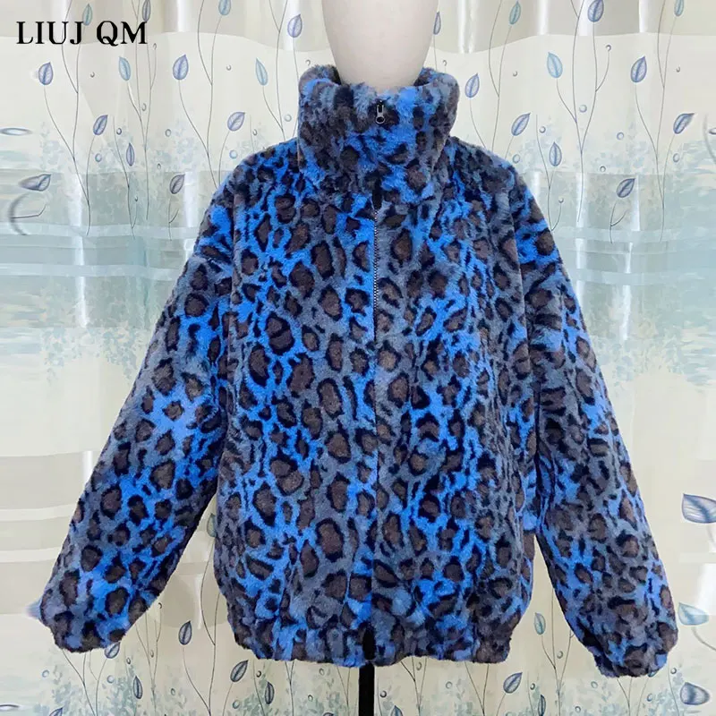 Winter Oversized Colorful Leopard Print Faux Fur Coat Women Long Sleeve Zip Up Warm Soft Fluffy Jacket Korean Fashion Parka 2022