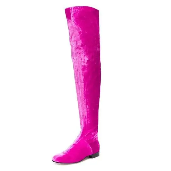 Fashion Woman Purple Rose Blue Velvet Thigh High Boots Solid Color Flat Knight Boots Woman Round Toe Zip Over the Knee Boots