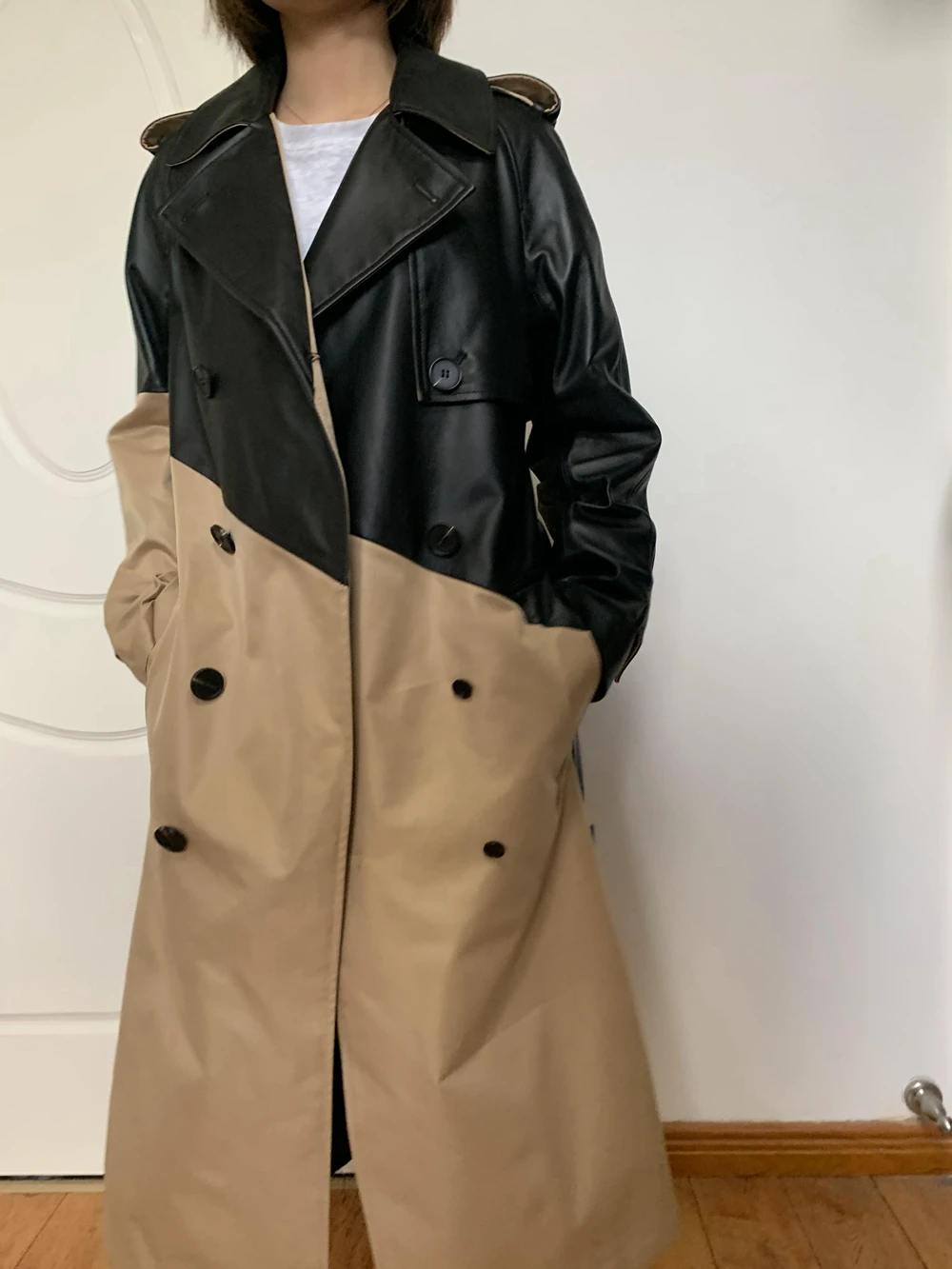 Genuine Leather Windbreaker Fashion Sheepskin Temperament British Real Leather Women Long Section Colorblock Belted Trench Coat