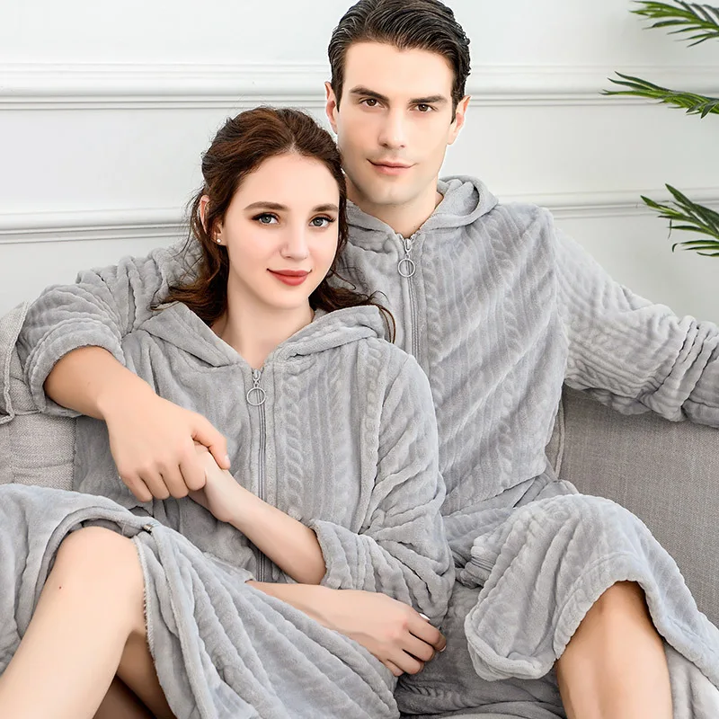 Men Women Extra Long Winter Warm Nightgown Size Pregnant Zipper Sleepshirts Luxury Soft Grid Flannel Thermal Dressing Gown