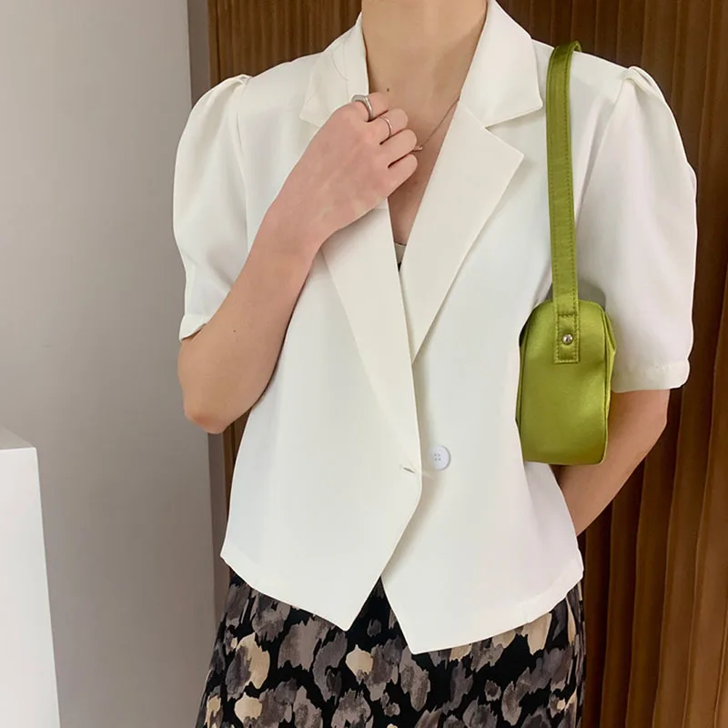 Summer 2024 Korean Haze Blue Thin Blazers Women Notched Collar Short Puff Sleeve Casual Single Button Female White Suit Jacket