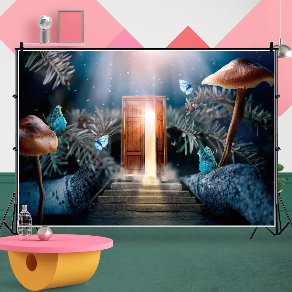 Laeacco Dongeng Fantasi Dunia Wonderland Latar Belakang Kupu-kupu Jamur Kamar Dekorasi Ulang Tahun Potret Fotografi Latar Belakang