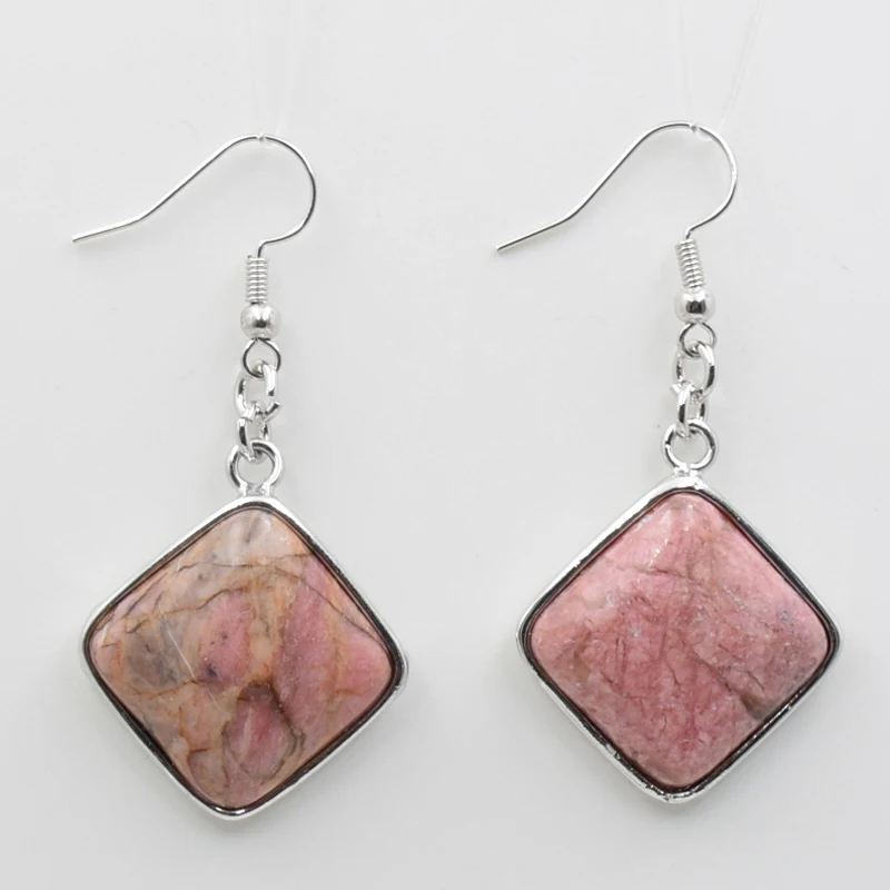 New Natural Stone Rhombus Pendant Earring Girl Women Fashion Jewelry Square Geometry Lapis Lazuli Pink Crystal Dangle Earrings