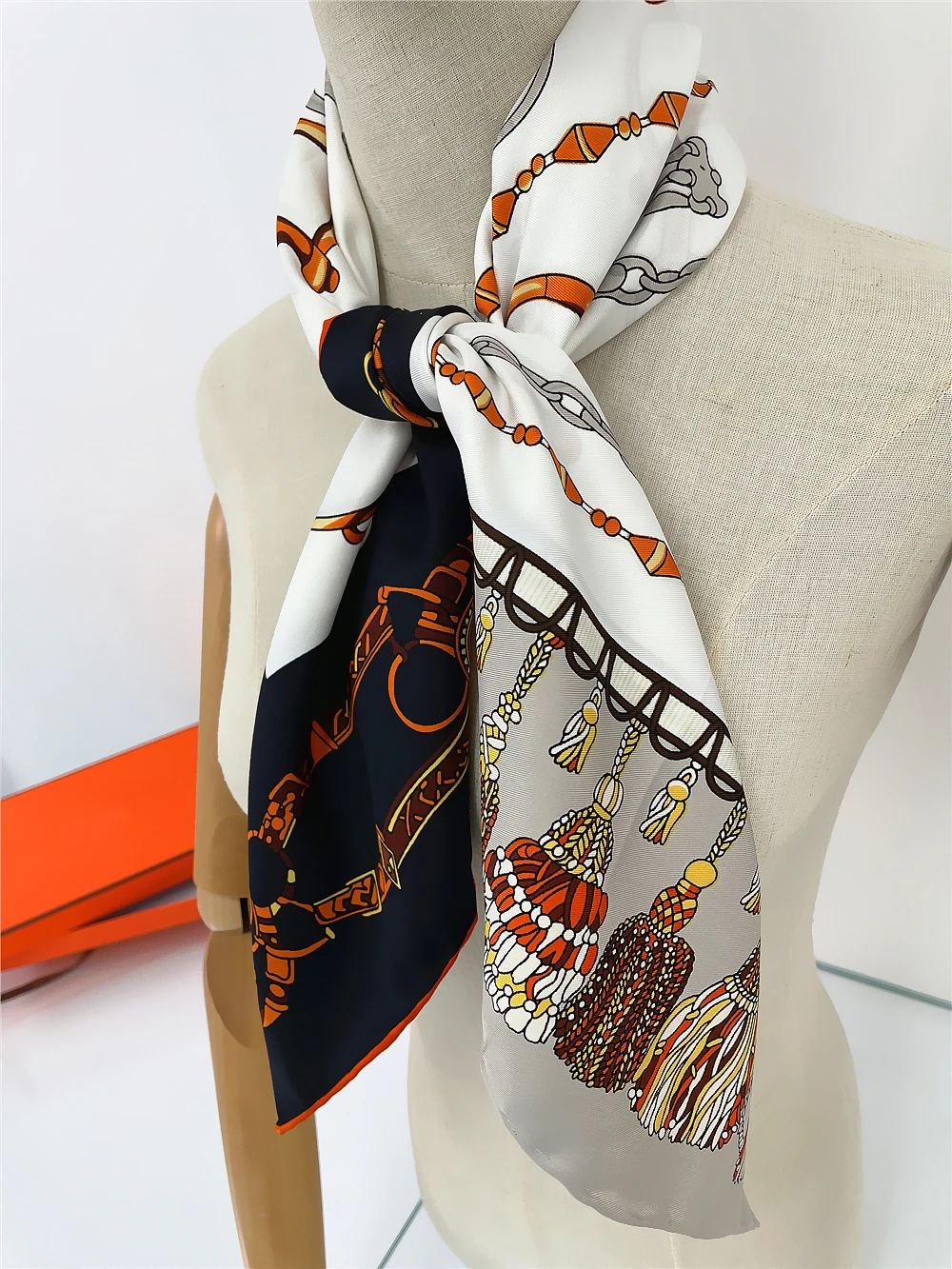 90cm Luxury Rope Tassels Twill 100% Silk Scarf Brand Hijab Scarf New Design Hand Rolled Edges Foulard Square Scarves Women Shawl