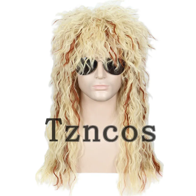 Tzncos Men’s 80s Wig Black Mullet Wigs Halloween Costume Male Wig Punk Heavy Metal Rocker Wig Curly Long Hair