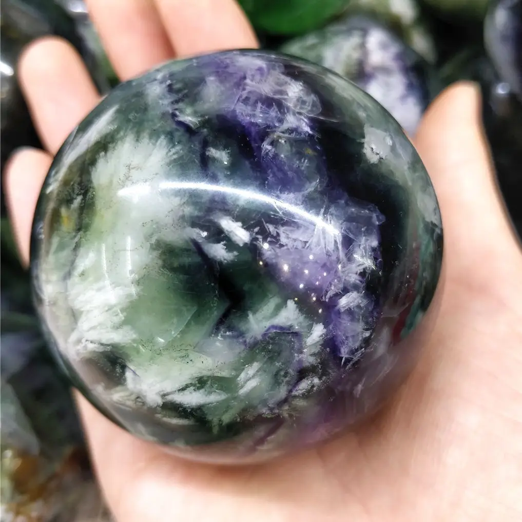 Feather Fluorite Quartz Natural Crystal Ball Sphere Snowflake Image Decorative Power Stones And Minerals Ornament Indie Jewelry