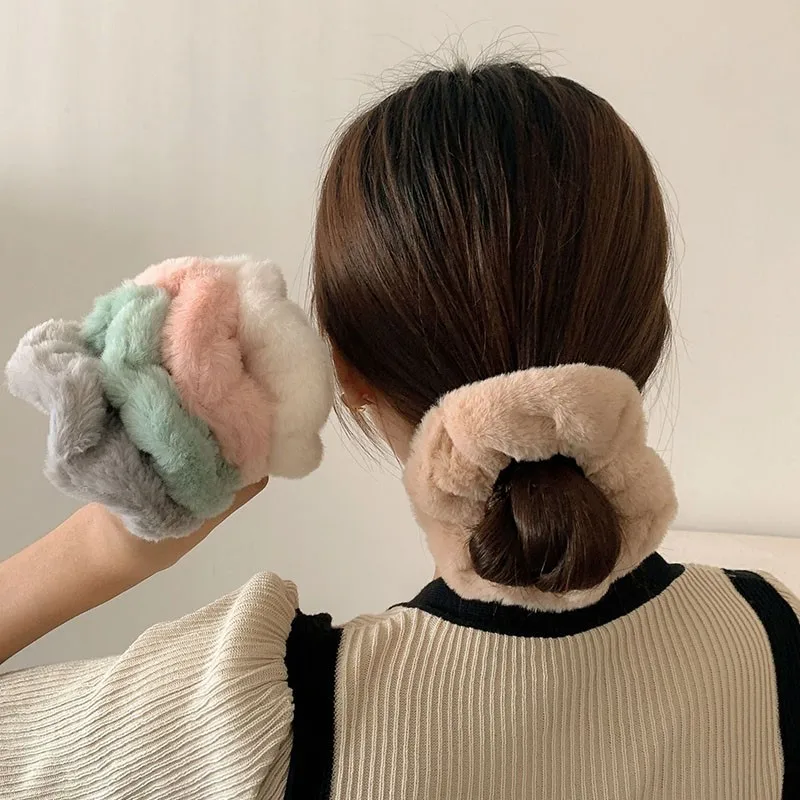 Furry Wool Soft Hair Scrunchies Plush Elastic Hair Band Women Girls Ponytail Holder Casual Rubber Band Headwear Hair Accessories