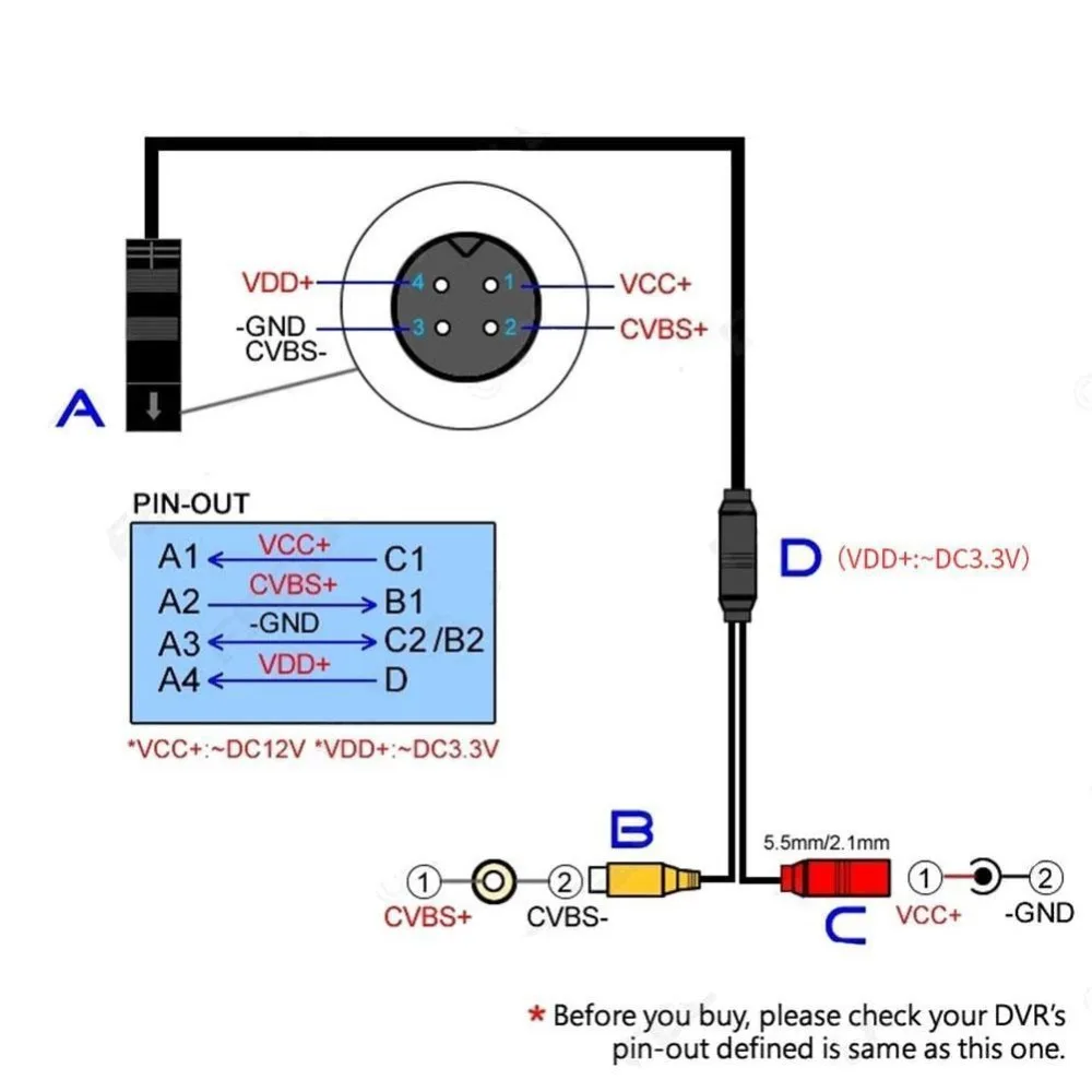 1Pcs Car Reverse Backup Camera 4-Pin Male To Female Connector RCA CVBS Wire Signal Power Adapter Harness