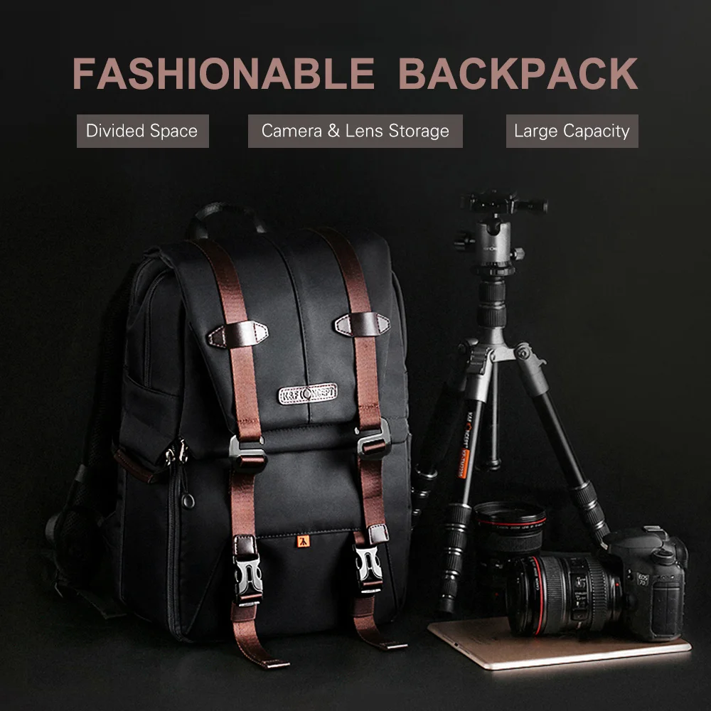 K&F CONCEPT Camera Backpack Photography Storager Bag for 15.6in Laptop with Rainproof Cover Tripod Catch Straps for SLR DSLR