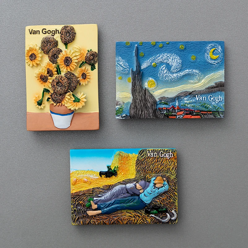 Pintura de fama mundial, pintura de Van Gogh, marco de imagen, imanes de nevera 3d, cielo estrellado, girasol, siesta, pegatinas para refrigerador, regalos