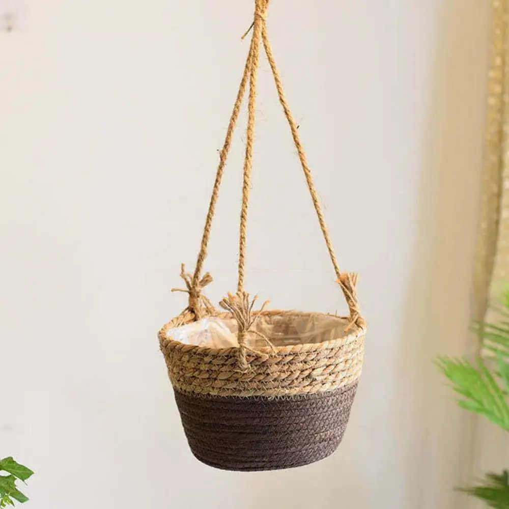 Straw Hanging Planter Basket Indoor Plant Hanging Storage Baskets Hand Knitting Woven Flower Pot Rattan Patio Garden Decoration