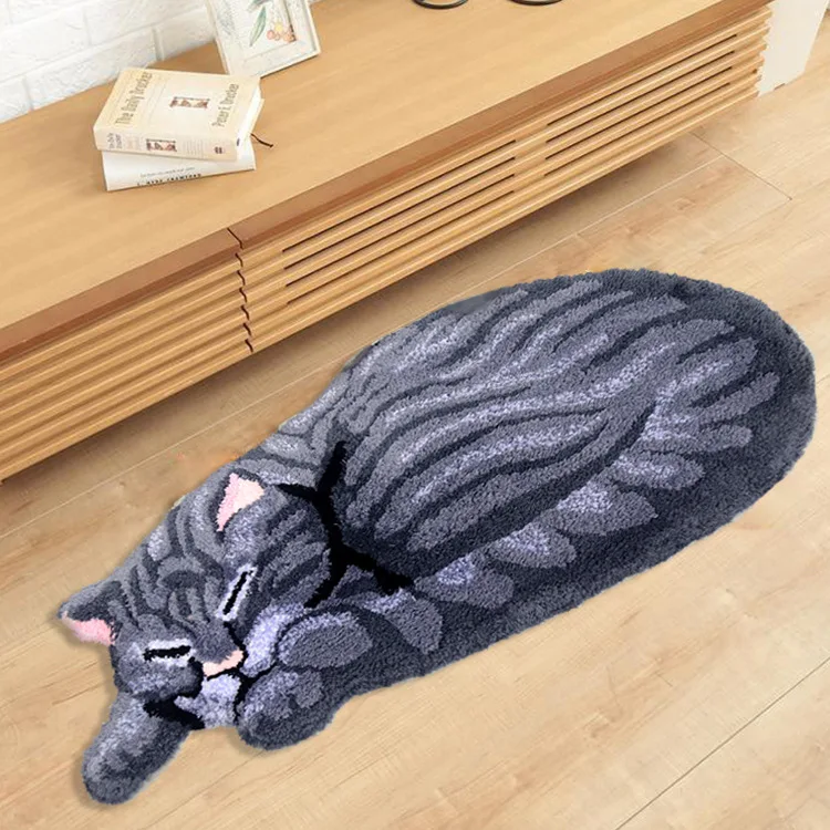 Anti-slip 3D Cat Shape Rug for Children\'s Room Decoration Handmade Carpet Door Mat Gray Brown Living Room Bathroom Area Rug