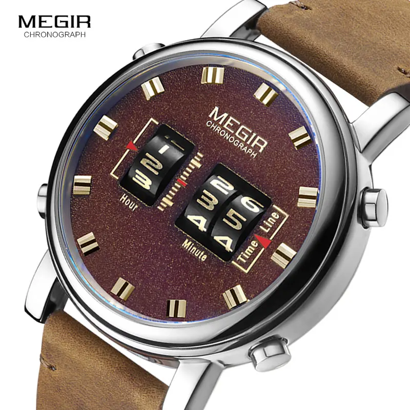 MEGIR 2019 New Top Band Watches Men Military Sport Brown Leather Quartz Wrist Watch Luxury Drum Roller relogio masculino 2137