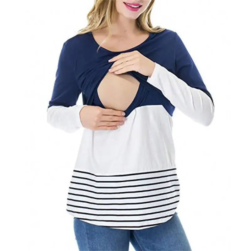 

Fashion Pregnant Women Clothes Long Sleeve Striped Lace T-shirt Breastfeeding Maternity Tee Nursing Tops Pregnancy Clothing 2021