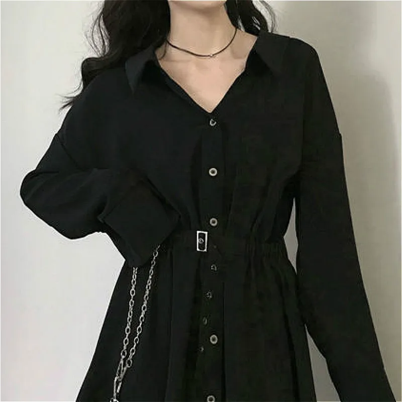 Dress Women Pure Turn-down Collar Button Long Sleeve Collect Waist Elegant Fashion Black Clothing Fall 2020 Hepburn Vestido Chic