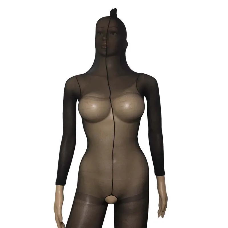 Unisex Sexy Sheer Open Crotch Body Encasement Up to Head Bodyhose BodyStocking Pantyhose Fetish Playsuit Lingerie