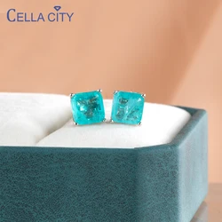 Cellacity 100% Sterling Silver 7*7mm Paraiba Tourmaline Stud Earrings For Women Sparkling Wedding Party Fine Jewelry Gift
