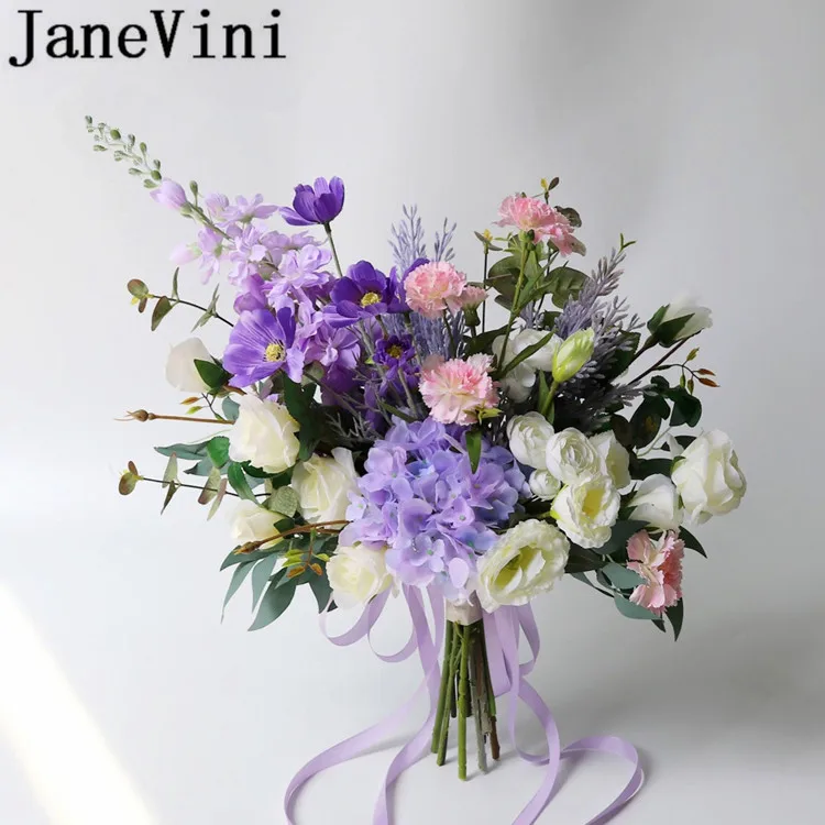 JaneVini-Ramo de flores de boda púrpura Vintage, Ramo de novia de seda Artificial, broche azul, bloemen