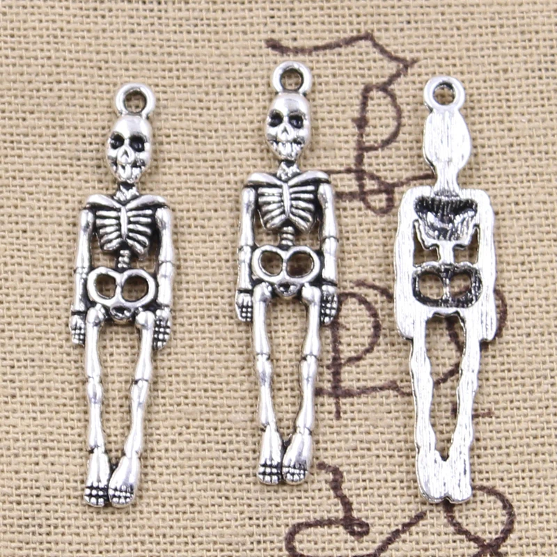 12pcs Charms Skull Skeleton Man 39x9mm Antique Silver Color Plated Pendants Making DIY Handmade Tibetan Finding Jewelry