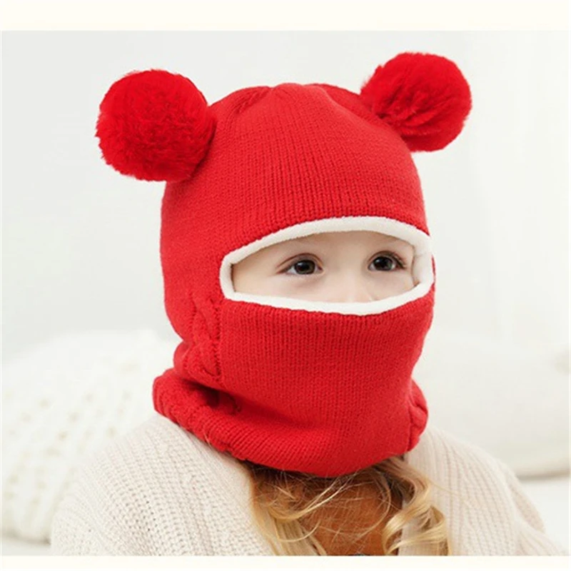 Baby Boy Girl Hat And Scarf All In One Winter Thicken Plus Velvet Face Ear Protection Knitted Cap Toddler Children Kids Warm Hat