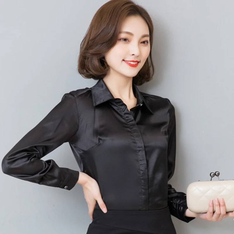 Stinlicher camisa de seda cetim feminina primavera outono manga longa elegante trabalho wear topos moda coreana branco azul preto blusa camisa