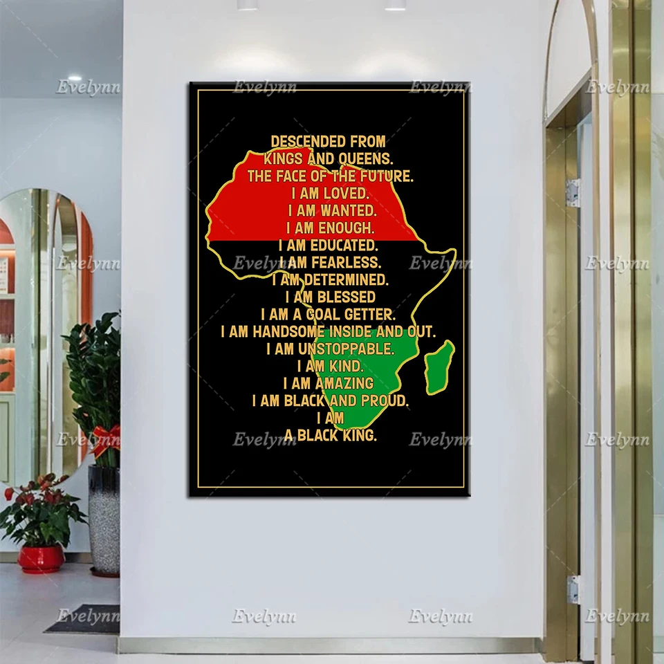 

I Am Black King Canvas, Africa Map Wall Art,Afro Kings Poster,Black King Pride Prints, African Flag Color Home Decor Unique Gift