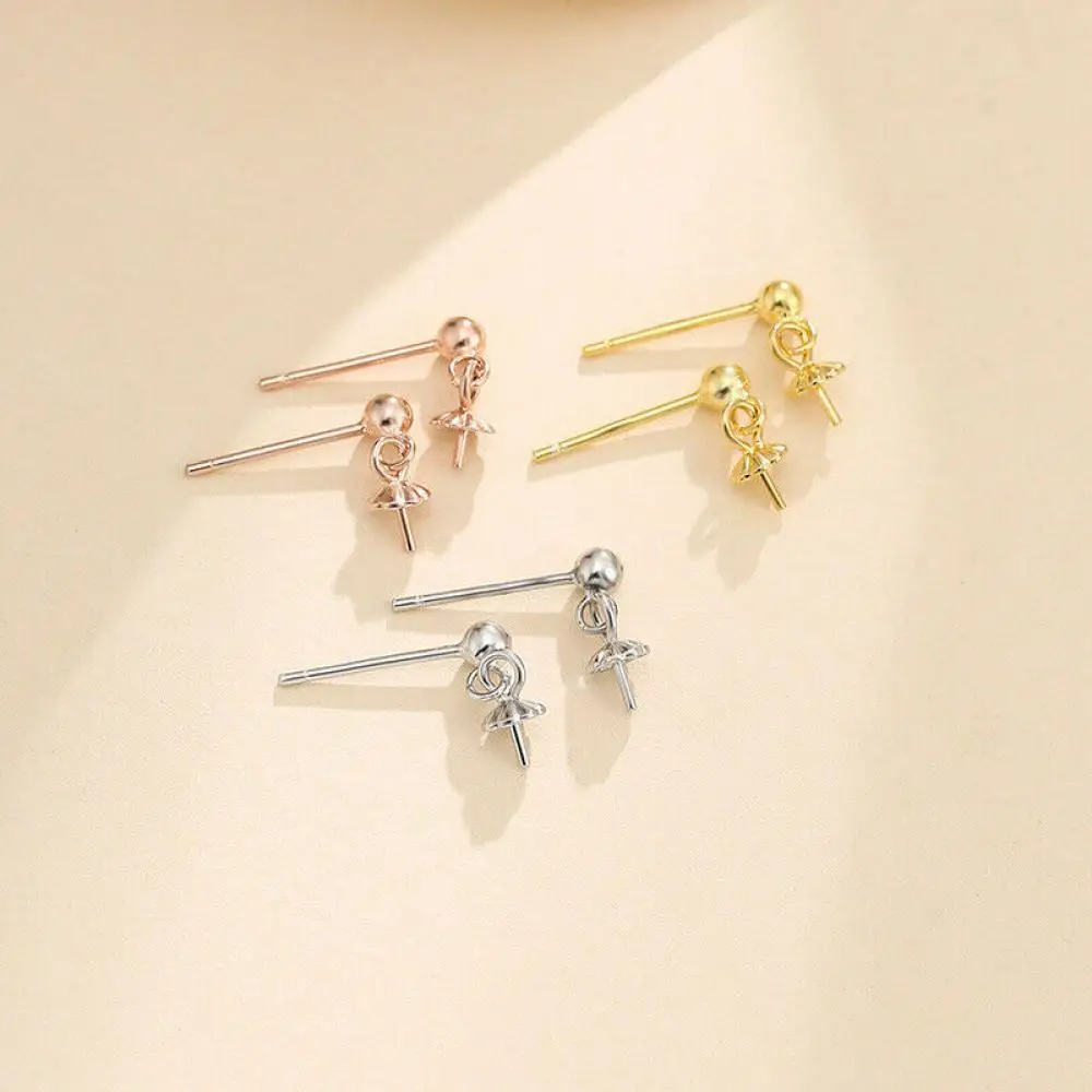 5 Pairs S925 Sterling Silver Stud Earring Blank with Peg Bail Post Earring Setting for 6mm-12mm Round Bead or Pearls DIY Jewelry