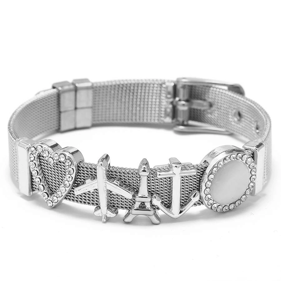 Silver Color Stainless Steel Mesh Bracelets For Women Men Lightning Heart Beads Lock Rocket Charm Bracelet 10mm Belt Bangle