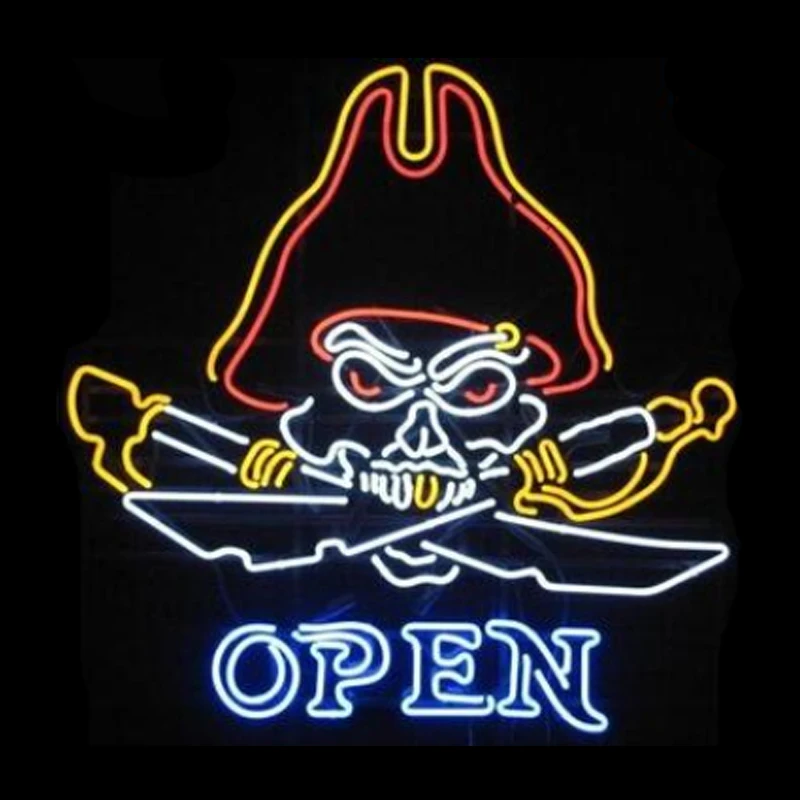 Skull Pirate Sword Open Neon Light Sign Custom Handmade Real Glass Tube Beer Bar Store Club Room Decoration Display Lamp 20X 24