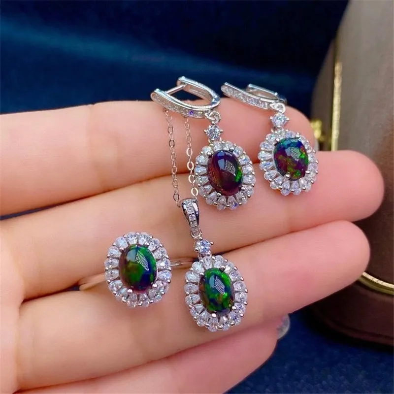 Natural Real Black Opal Set Natural and Real Black Opal Jewelry Set 925 Sterling Silver 1pc Ring,1pc Pendant,2pcs Earring