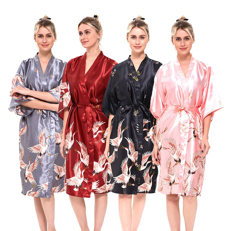 Sexy Crane Print Summer Satin Kimono Bathrobe Women Bride Bridesmaid Wedding Robe Dress Gown  short & long Sleepwear