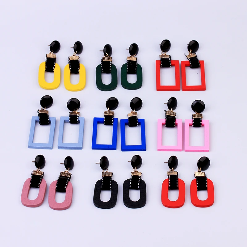 Fashion Korean Style Hoop Earrings for Women  Red Yellow Blue Trendy Jewelry Drop Statement Square Colorful Wooden Earrings New