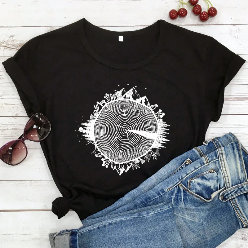 Hiking Tree Ring 100% Cotton T-shirt Aesthetic Hippie Wanderlust Top Tee Shirt Casual Women Short Sleeve Forest Mountains Tshirt