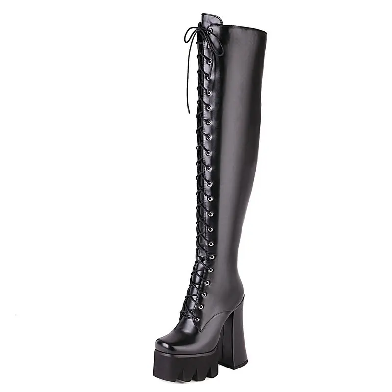 2021 Over the Knee Boots Platform Square High Heel Ladies Modem Boots PU Leather Cross Tied Zipper Women Thigh Boots Big Size 43