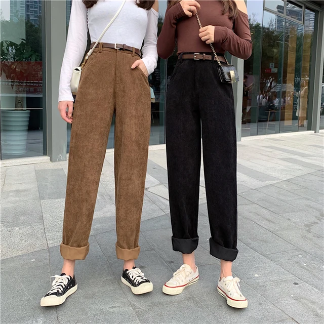 Zoki High Waist Corduroy Pants Fashion Belt Autumn Wide Leg Full 