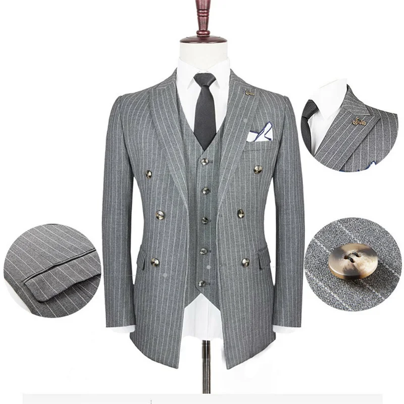 

3-piece Handsome Pinstripe Grey Mens Suit New Fashion Groom Suit Wedding Suits For Best Men Slim Fit Groom Tuxedos For Man