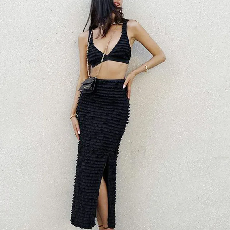 

Women's 2023 Summer Style V-neck Sleeveless Ultra-short Camisole Suit Women's Fashion Side Slit Slim Long Skirt Two-piece Suit