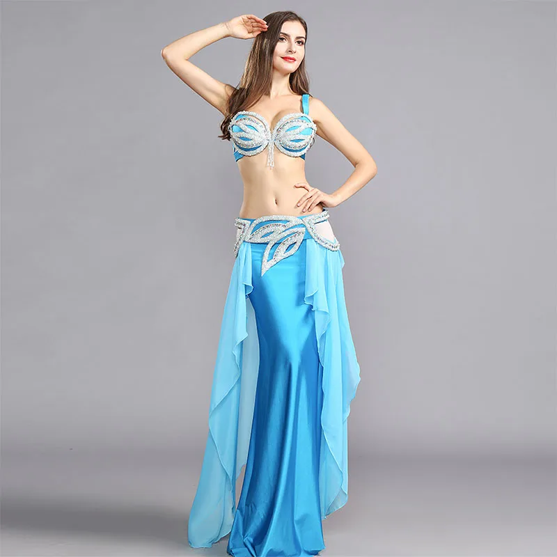 Women rhinestone blue belly dancing outfit performance dancing BRA belt skirt belly dance costumes professional dance dress set